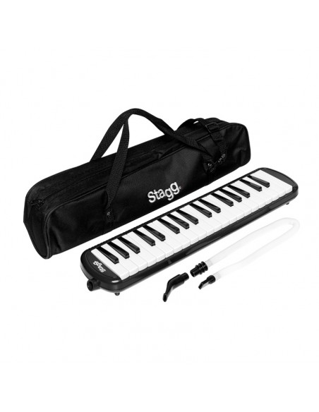Black plastic melodica with 37 keys and black bag