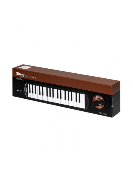 Blue plastic melodica with 37 keys and black bag