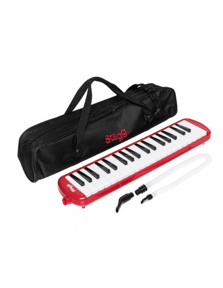 Red plastic melodica with 37 keys and black bag