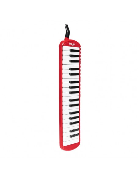 Red plastic melodica with 37 keys and black bag