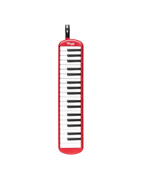 Red plastic melodica with 37 keys and black bag