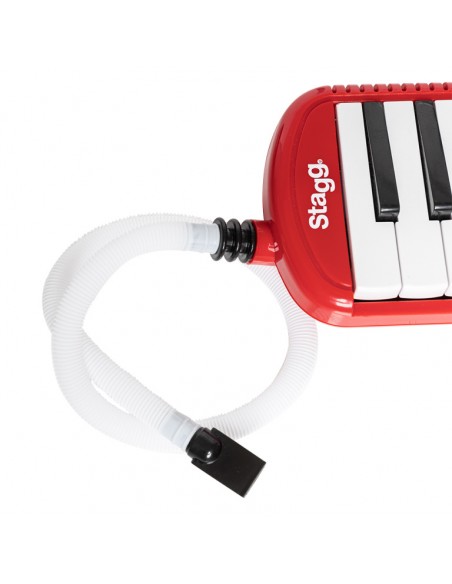Red plastic melodica with 37 keys and black bag