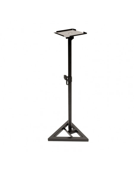 Two steel studio monitor stands, height-adjustable, with tiltable plate