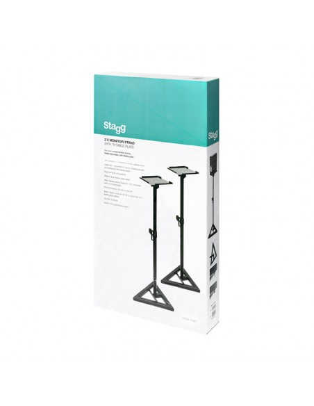 Two steel studio monitor stands, height-adjustable, with tiltable plate