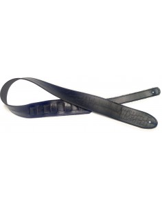 Black leather guitar strap with pressed crocodile pattern