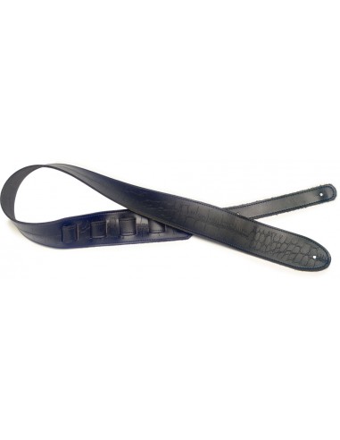 Black leather guitar strap with pressed crocodile pattern