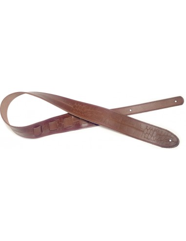 Dark brown leather guitar strap with pressed crocodile pattern