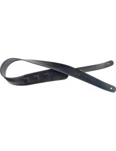 Black padded leather guitar strap with pressed logo