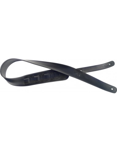 Black padded leather guitar strap with pressed logo