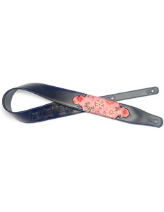 Black padded leatherette guitar strap with pressed pink paisley pattern