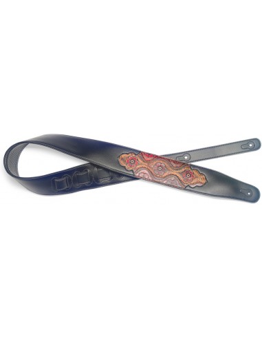 Black padded leatherette guitar strap with pressed red paisley 2 pattern