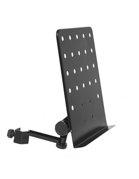 Small perforated music stand plate with attachable holder arm