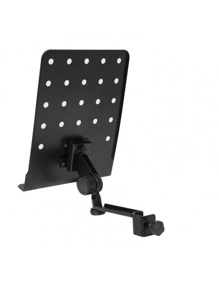 Small perforated music stand plate with attachable holder arm