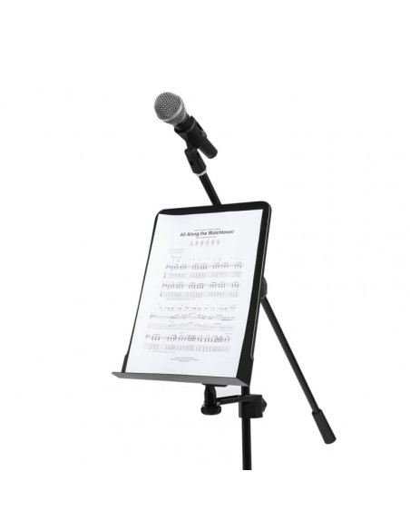 Small perforated music stand plate with attachable holder arm