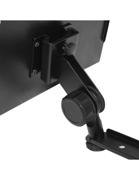 Small perforated music stand plate with attachable holder arm