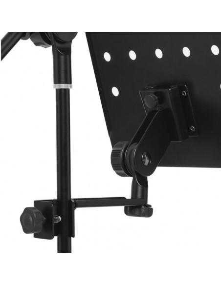 Small perforated music stand plate with attachable holder arm