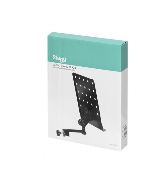 Small perforated music stand plate with attachable holder arm