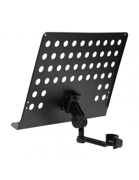 Large perforated music stand plate with attachable holder arm