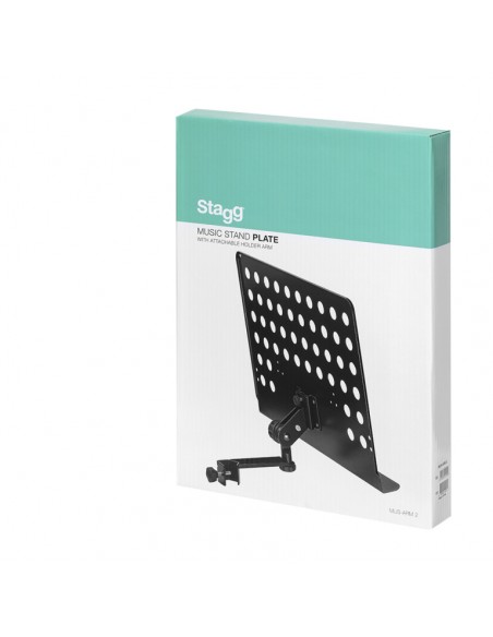 Large perforated music stand plate with attachable holder arm