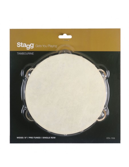 8" pre-tuned wooden tambourine with rivetted head and 1 row of jingles
