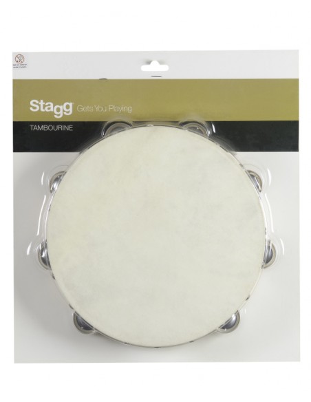 10" pre-tuned wooden tambourine with rivetted head and 2 rows of jingles