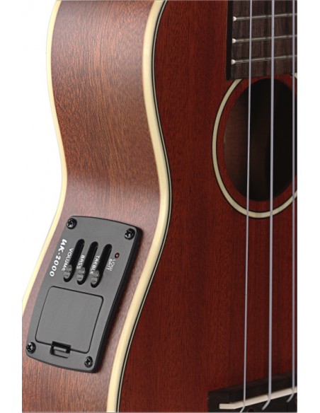 Electro-acoustic soprano Ukulele with solid Mahogany-A top, in black nylon