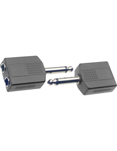 One-piece adaptor - 2 x stereo phone jacks to 1 x mono phone plug