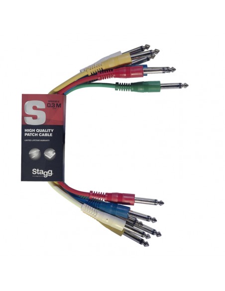 Mono patch cable, 6 x jack/jack (m/m), 30 cm (1'), moulded plastic