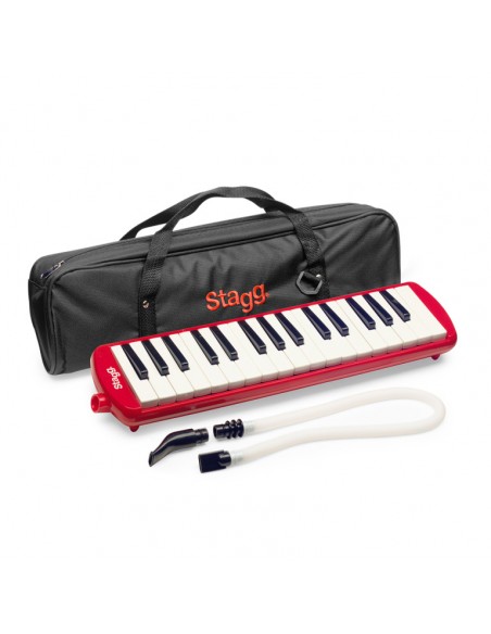 Red plastic melodica with 32 keys and black and red bag