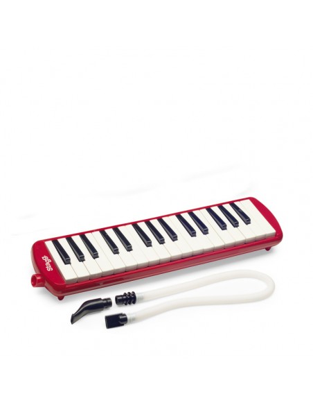 Red plastic melodica with 32 keys and black and red bag