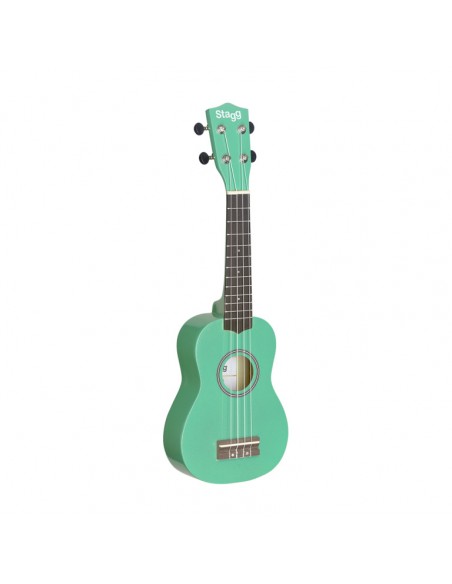 Green soprano ukulele with basswood top, in nylon gigbag