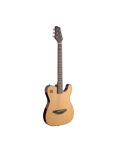 Electric solid body folk guitar with cutaway, natural-coloured