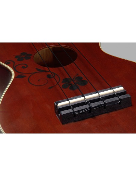 Traditional soprano ukulele with flower design, in black nylon gigbag