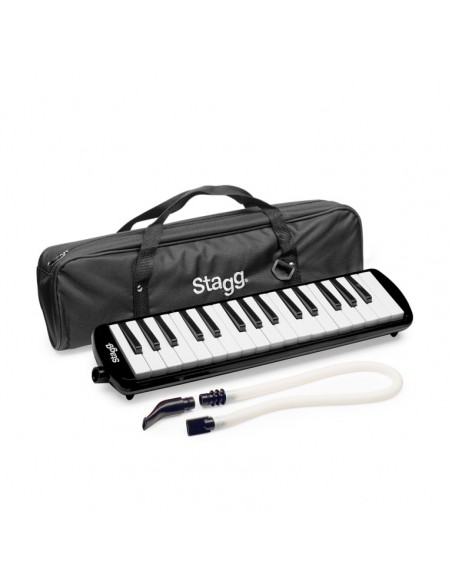 Black plastic melodica with 32 keys and black bag