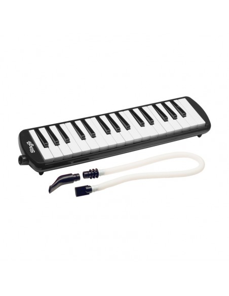 Black plastic melodica with 32 keys and black bag