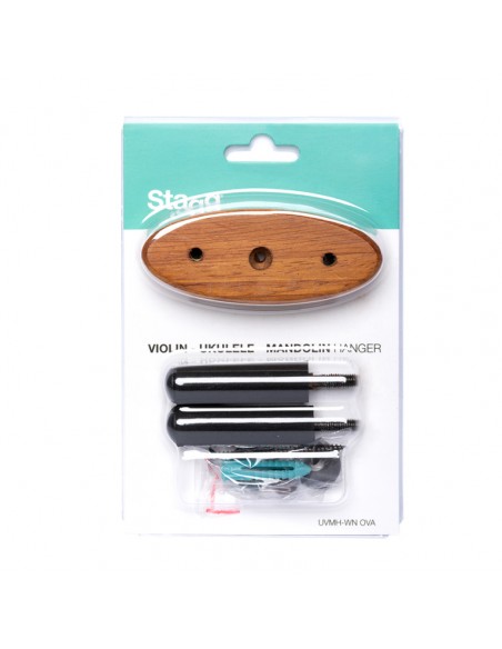 Wall-mounted holder with oval wooden base for ukuleles, mandolins and violins