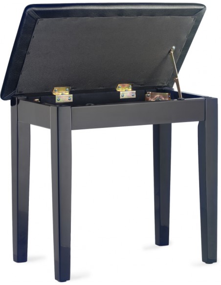Highgloss black piano bench with black vinyl top and storage compartment