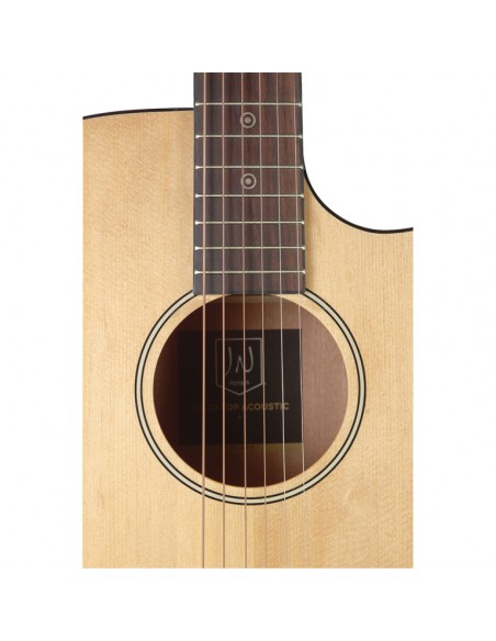 Natural-coloured acoustic-electric auditorium guitar with solid spruce top, Bessie series