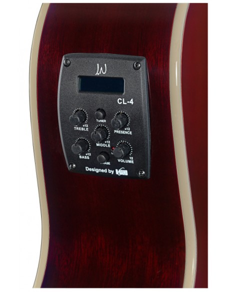 Transparent redburst acoustic-electric auditorium guitar with solid spruce top, Bessie series