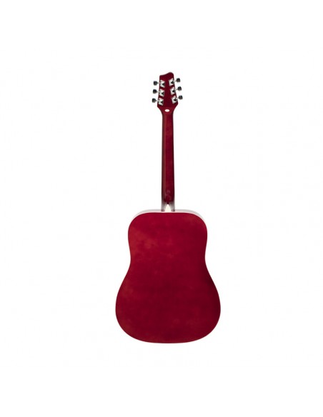 Red dreadnought acoustic guitar with basswood top