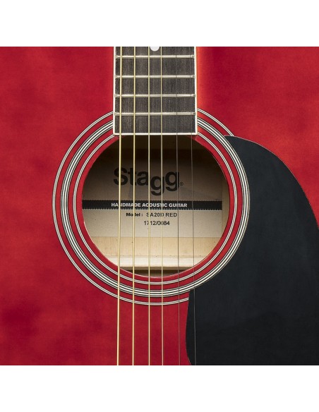 Red dreadnought acoustic guitar with basswood top