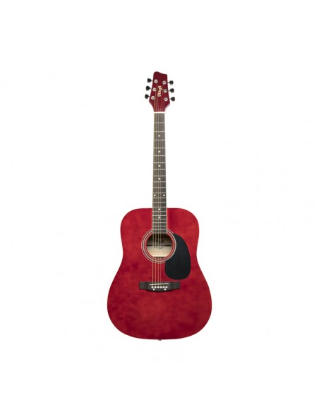 Red dreadnought acoustic guitar with basswood top