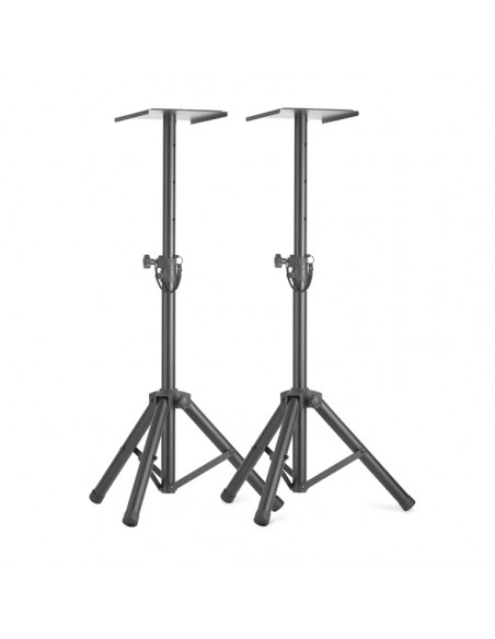 Two height-adjustable monitor or light stands with folding legs