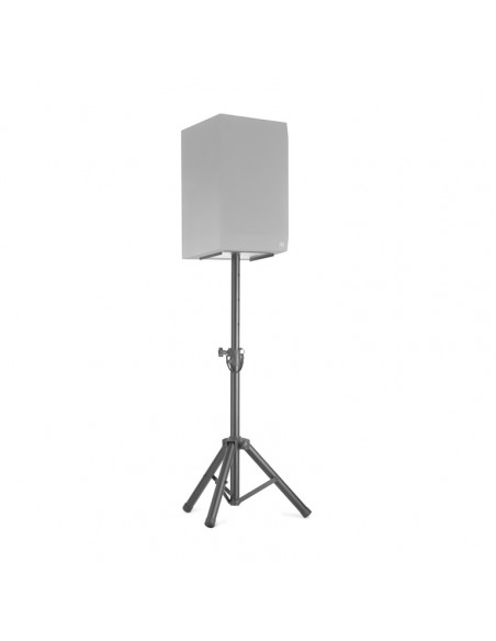 Two height-adjustable monitor or light stands with folding legs