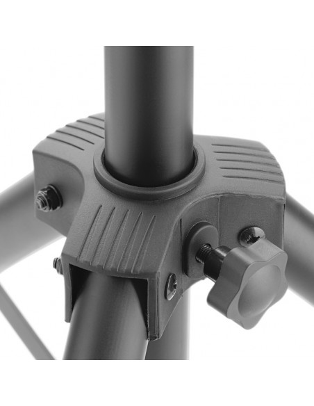 Two height-adjustable monitor or light stands with folding legs