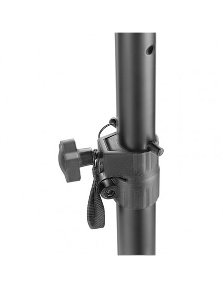 Two height-adjustable monitor or light stands with folding legs