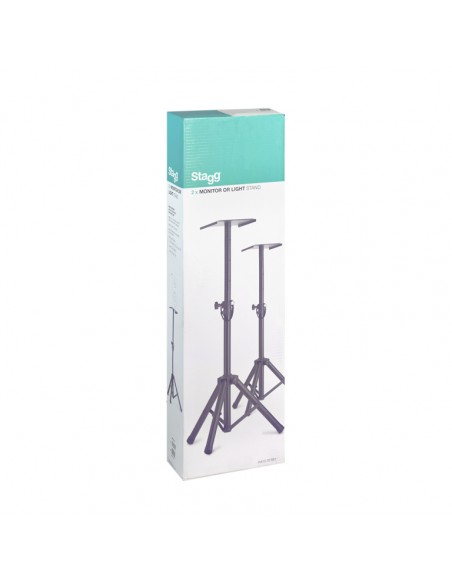Two height-adjustable monitor or light stands with folding legs