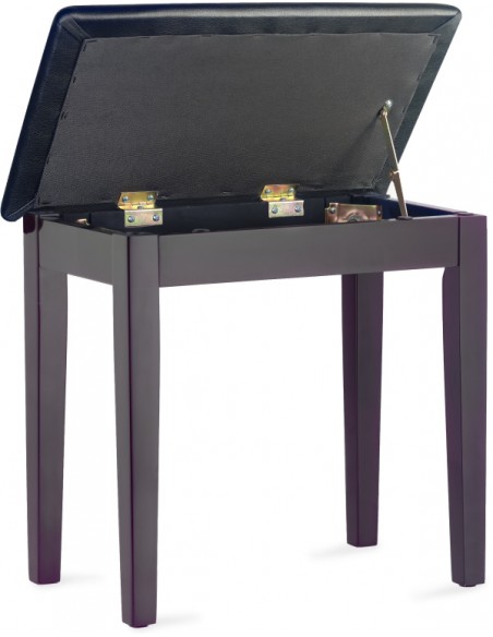 Matt piano bench, rosewood colour, with black vinyl top and storage compartment