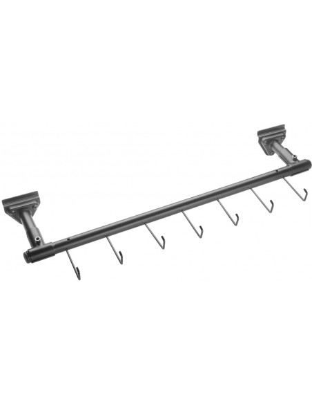 Black iron slatwall display for straps with 7 hooks and 1 frame for signboard