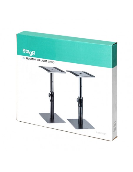 Two height-adjustable monitor or light stands (short)